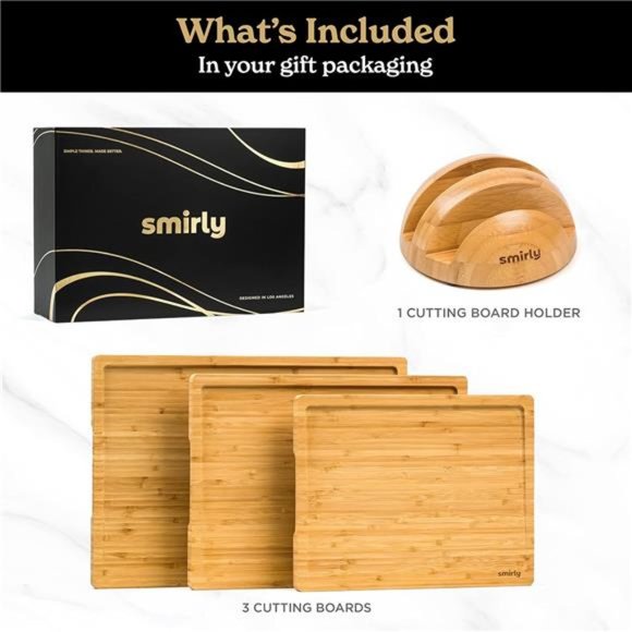 Wood Cutting Boards For Kitchen - Bamboo Cutting Board Set with Holder - Picture 3 of 7